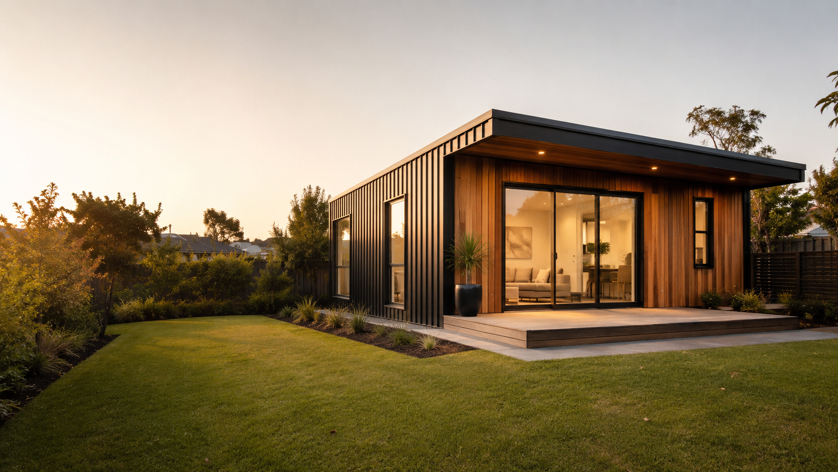 A modern timber and dark metal minor dwelling in a landscaped Auckland backyard